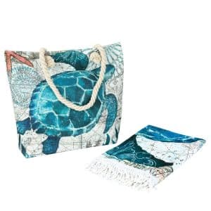 Beach Bag And Towel With Fringe Set Blue Turtle