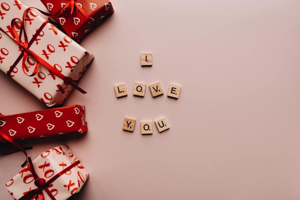 Wrapped presents with I Love You Text