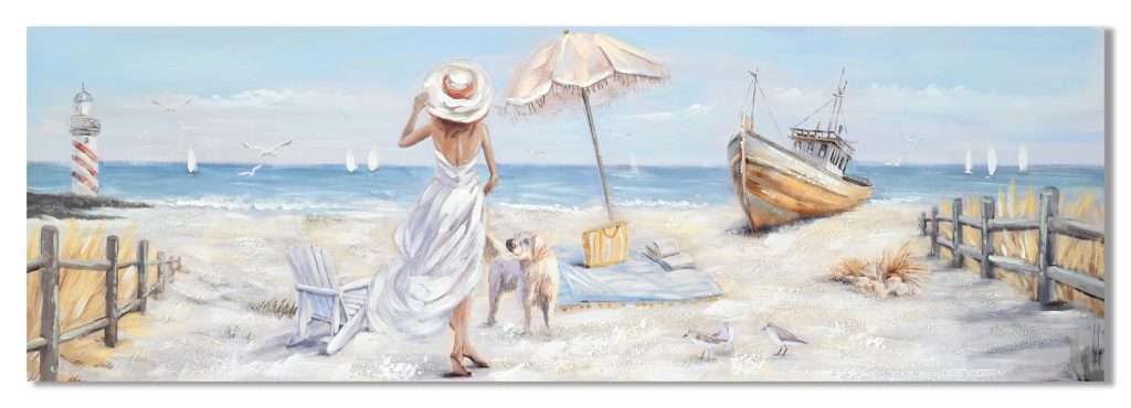 Woman on beach near lighthouse and shipwreck.