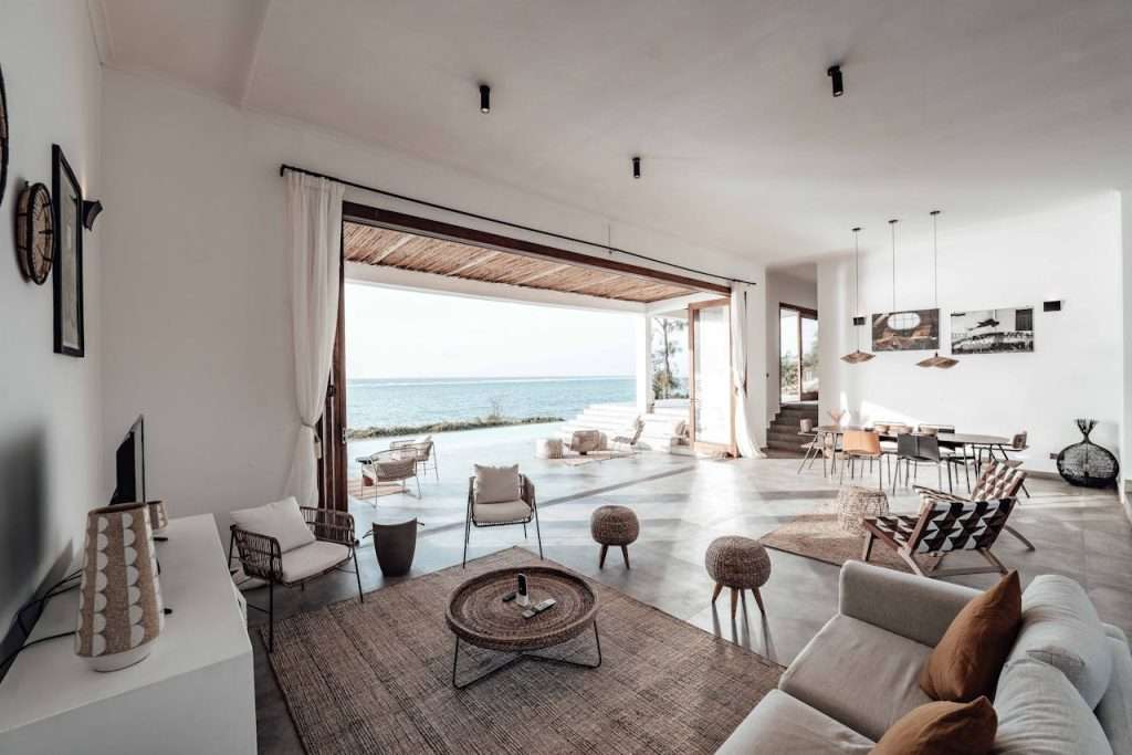 Luxury beachfront villa with open living area.