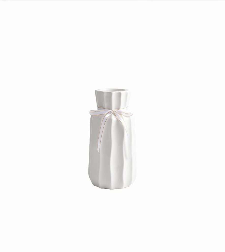White ceramic vase with ribbon decoration.