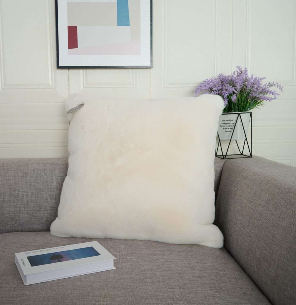 Cosy cushion on sofa with book and flowers.