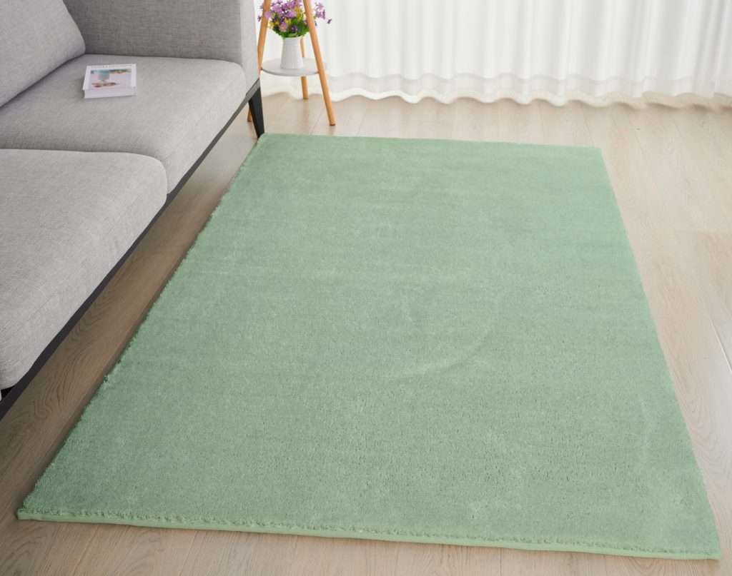 Green rug on wooden floor beside grey sofa.