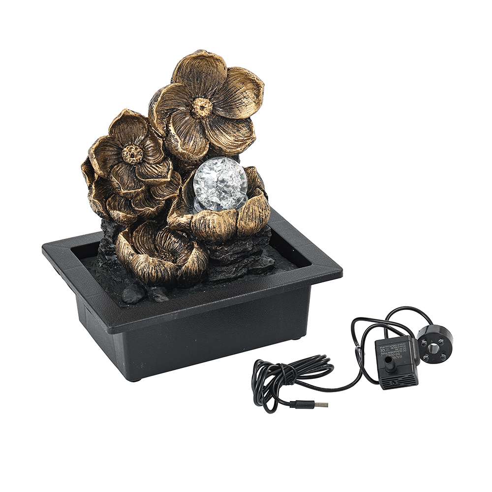 Decorative tabletop water fountain with gold flowers