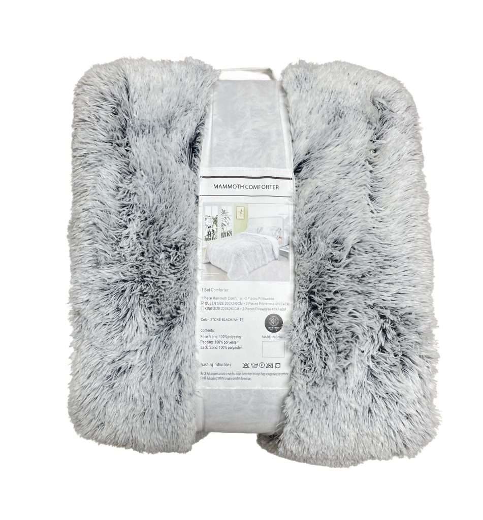 Fluffy grey comforter in packaging