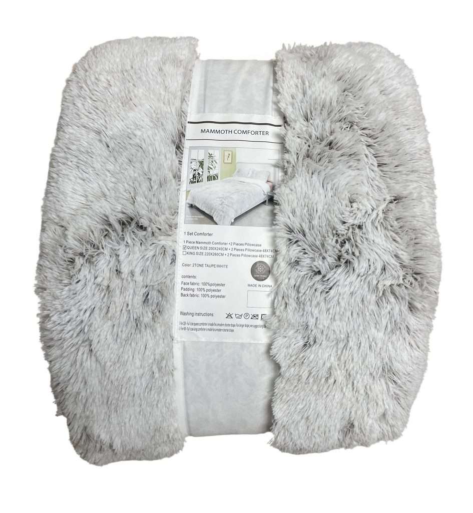 Fluffy grey comforter set packaged