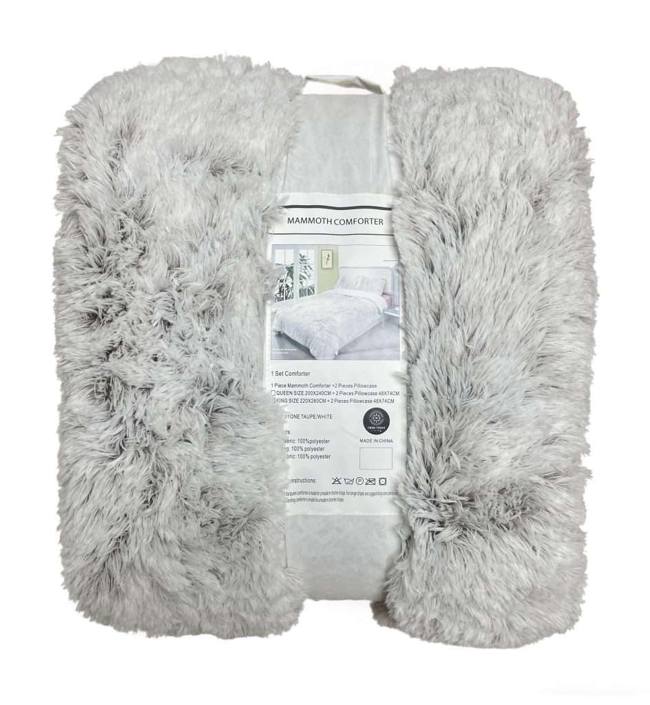 Fluffy grey comforter set in packaging.