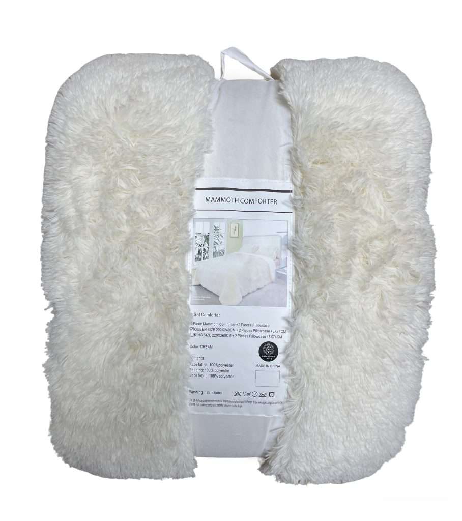 Fluffy white comforter set packaging.
