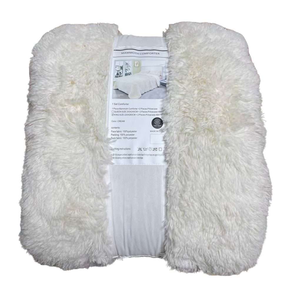 Plush white comforter packaging view