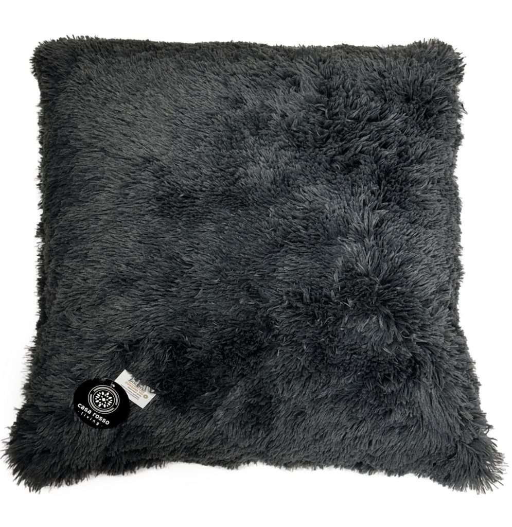 Soft, fluffy dark grey cushion.