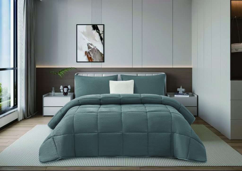 Modern bedroom with teal bedding