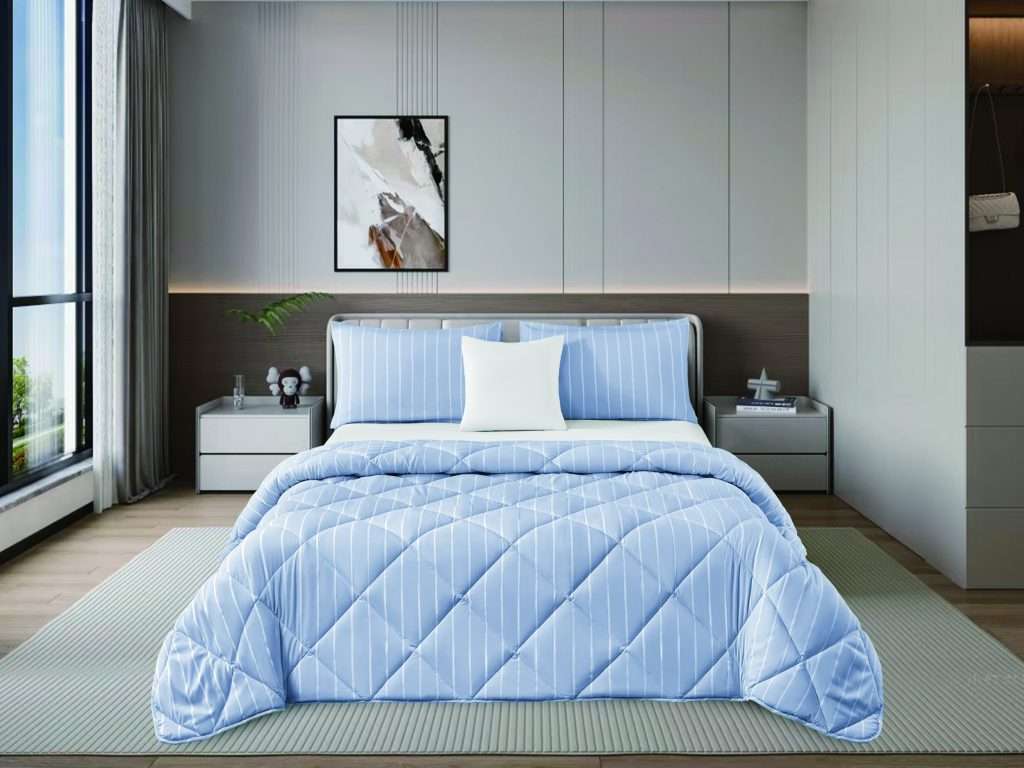 Modern bedroom with blue bedding