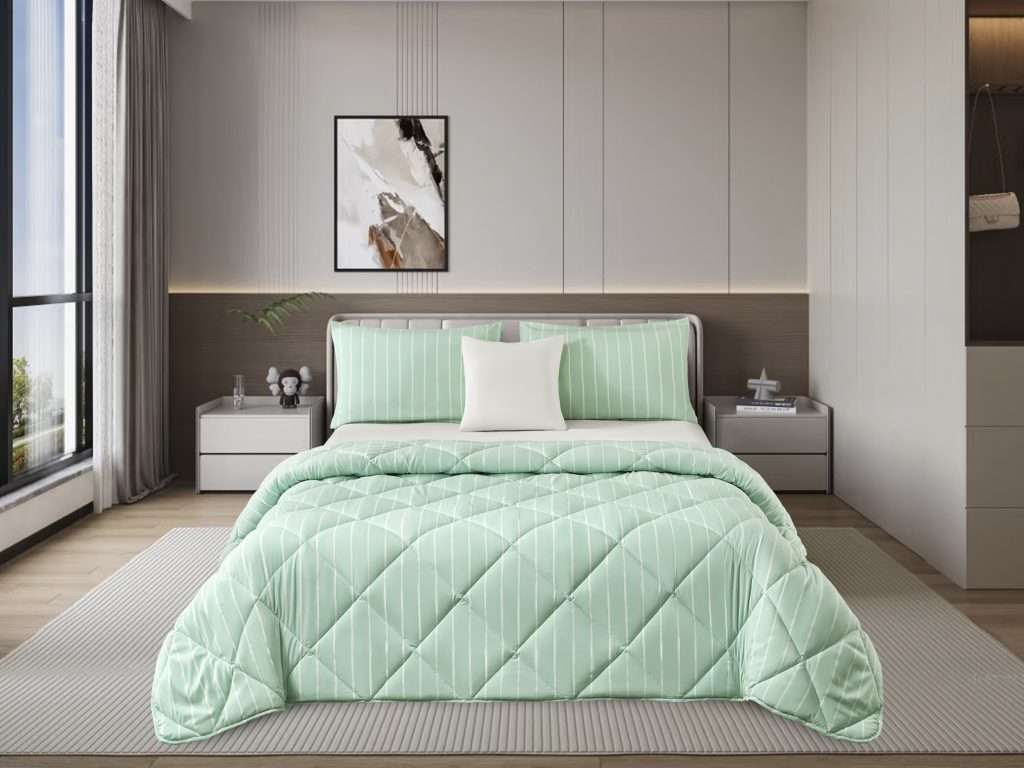 Modern bedroom with mint green bedding