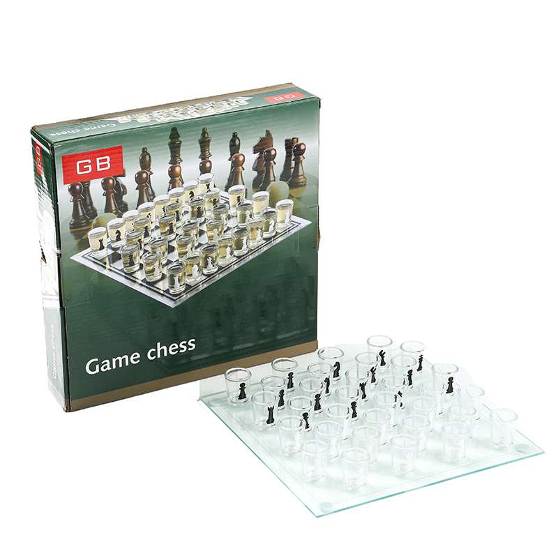 Shot glass chess set with glass board