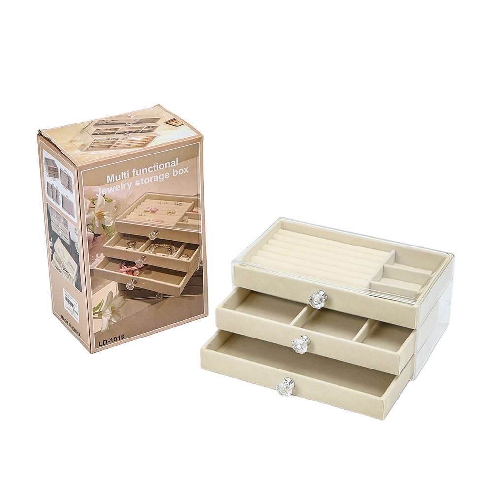 Clear multi-drawer jewellery organiser beside its packaging