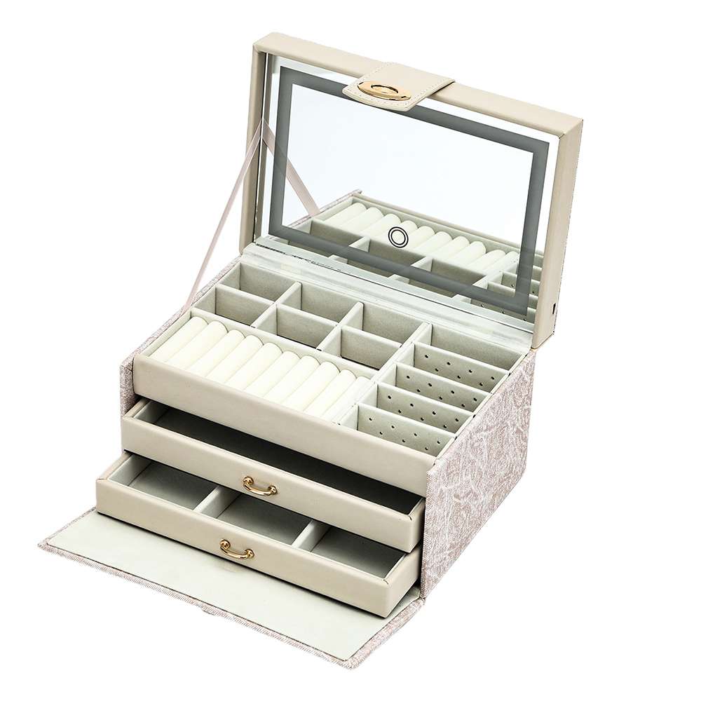 Open cream jewellery box with mirror and drawers