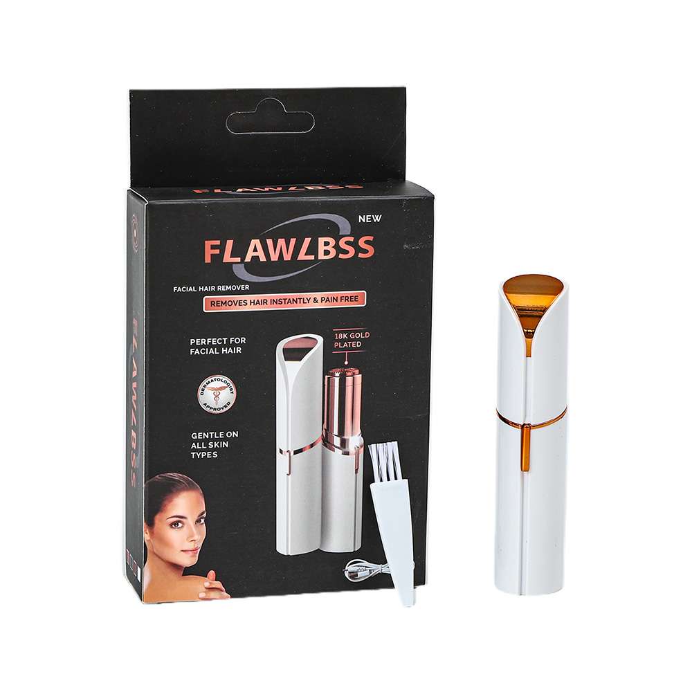 Flawlbss facial hair remover with packaging and cleaning brush