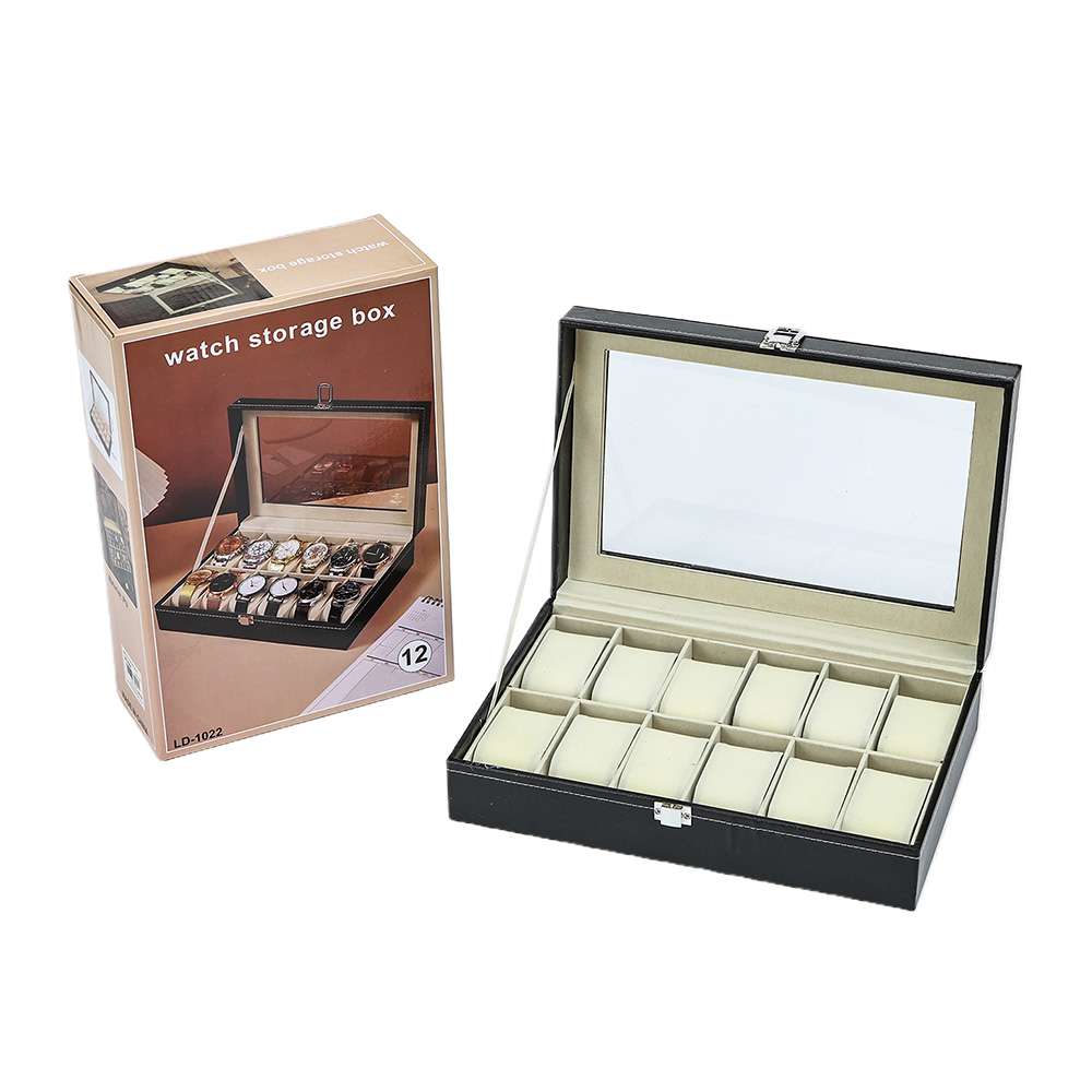 Open black watch storage box with twelve compartments