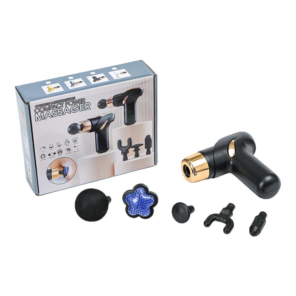 Compact cordless percussion massage gun with interchangeable attachments