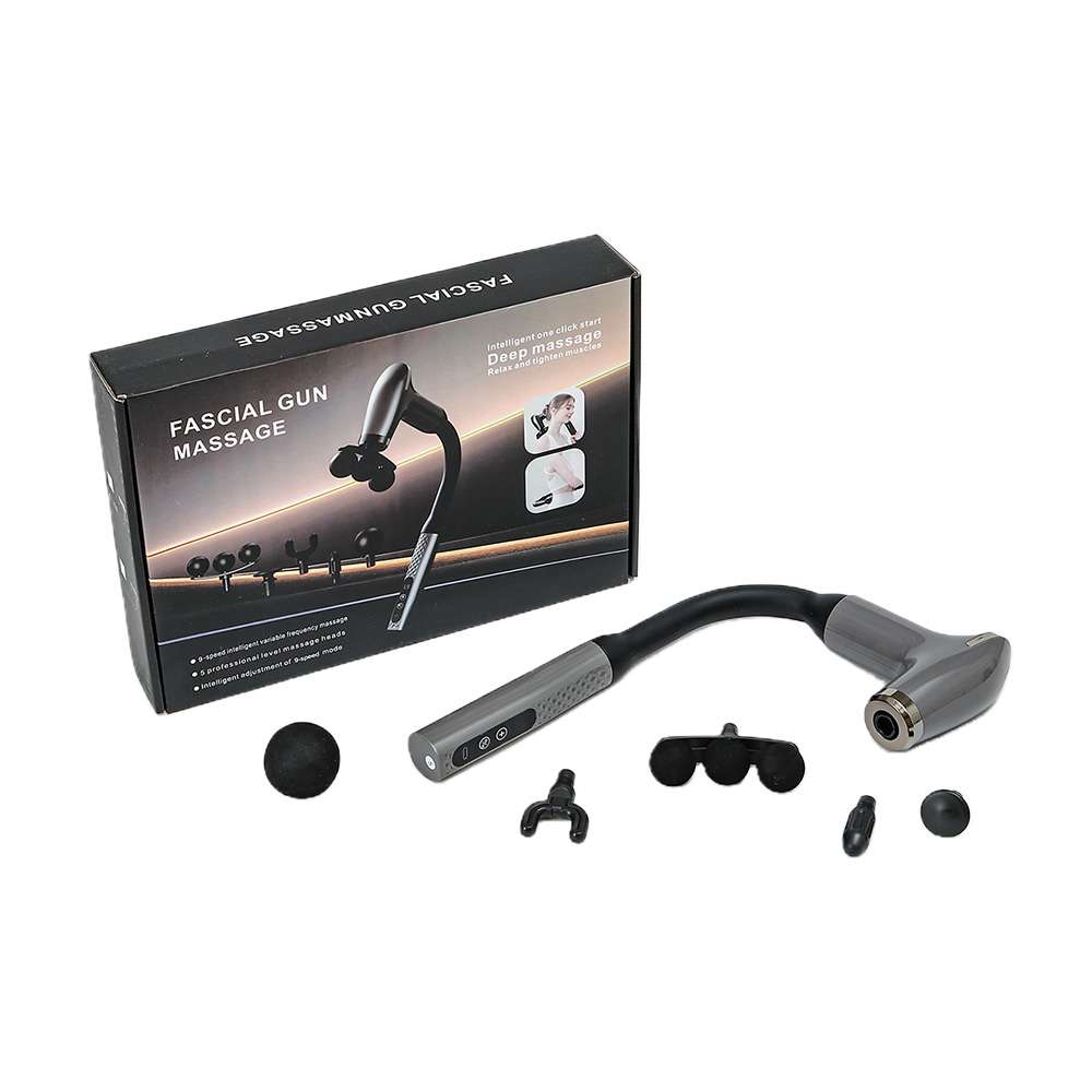 Deep massage gun with interchangeable attachment heads and packaging