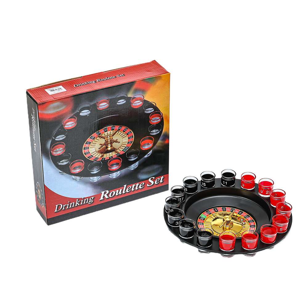 Drinking roulette set with numbered shot glasses and box
