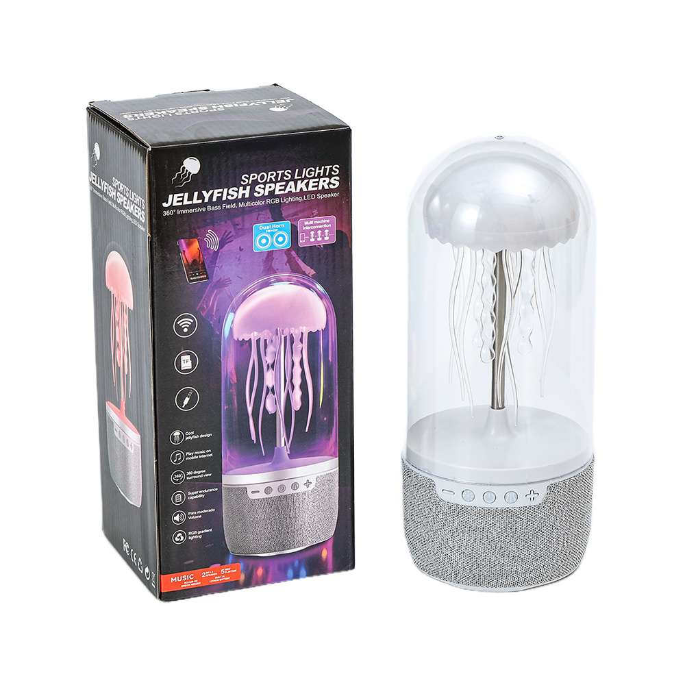 Jellyfish LED Bluetooth speaker beside branded retail box
