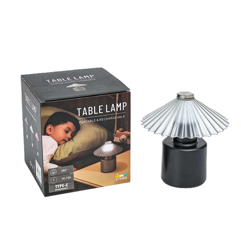 Rechargeable black table lamp with pleated silver shade and packaging