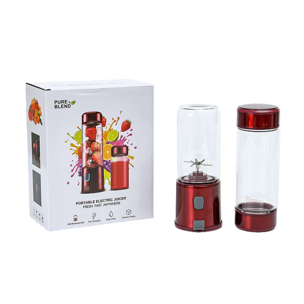 Red portable electric juicer with packaging and detachable bottle