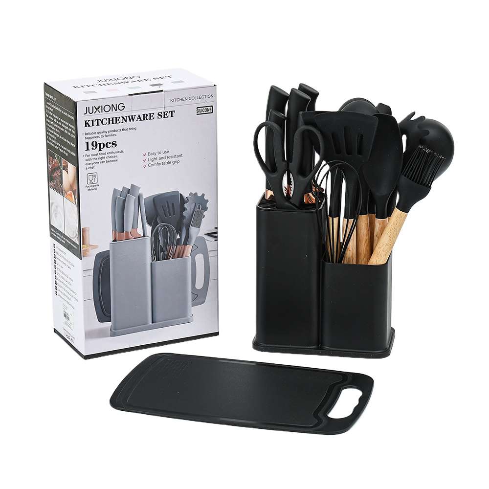Black 19-piece silicone kitchen utensil set with holder
