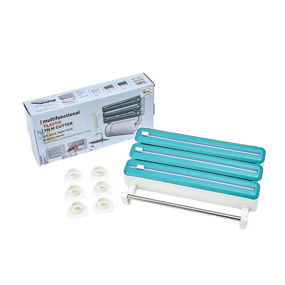 Multifunctional plastic film cutter with wall-mounted dispenser components