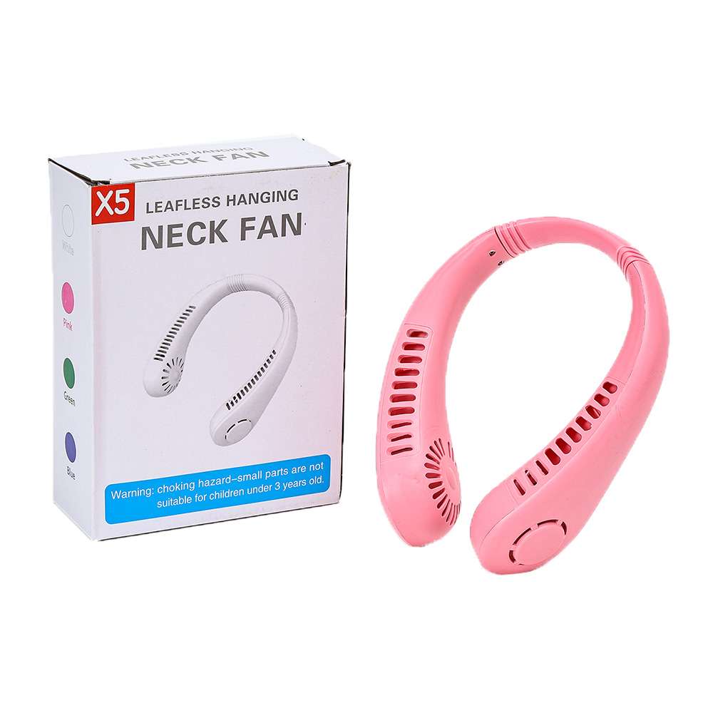 Pink bladeless hanging neck fan beside packaging