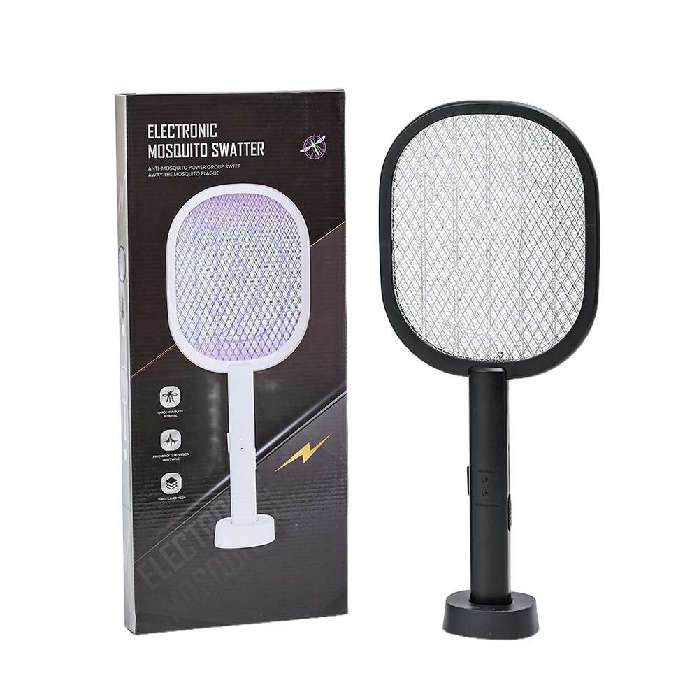 Black electronic mosquito swatter with retail packaging