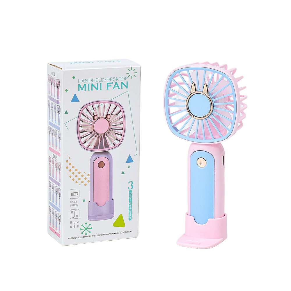 Pastel pink and blue handheld mini fan with box