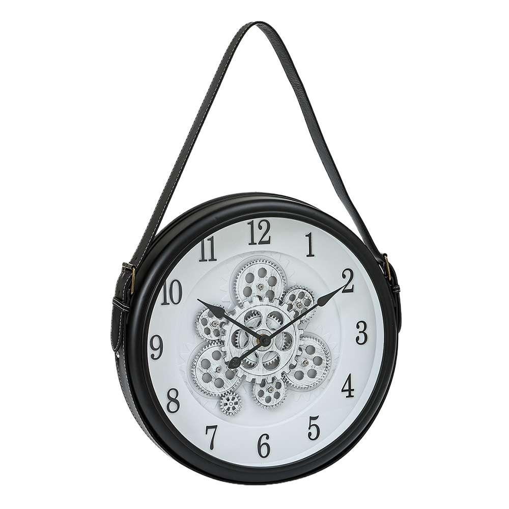 Black round wall clock with exposed gears and hanging strap