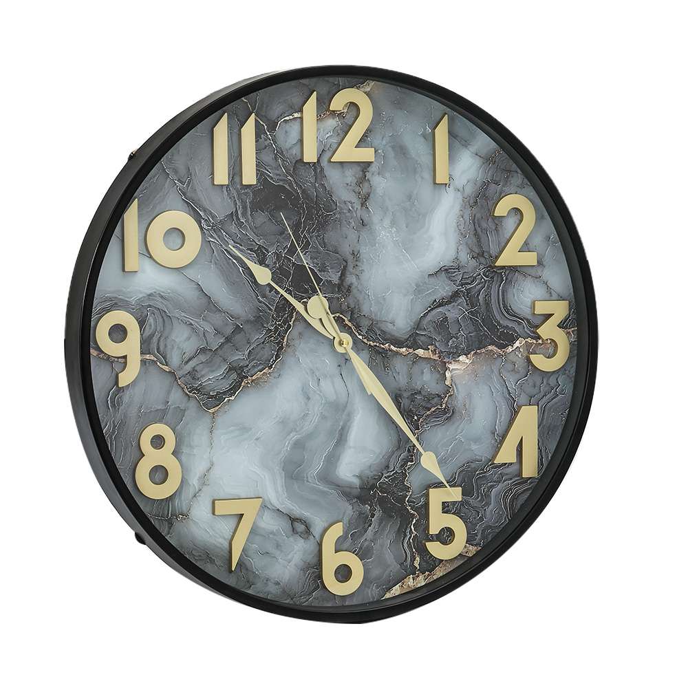 Grey marble-effect wall clock with gold numerals